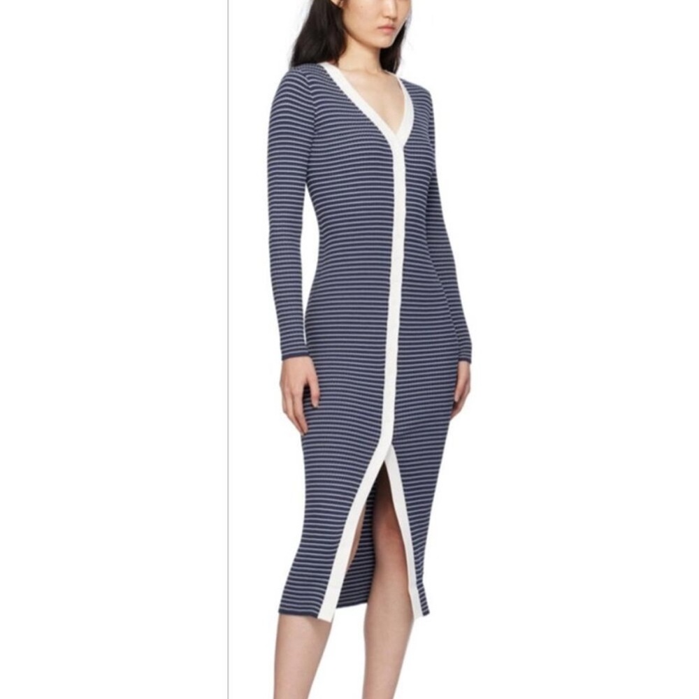 Staud Women Shoko Sweater Dress Marine Blue White Stripe Long Sleeve Midi Medium